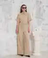 Kuşaklı gömlek yaka salaş tulum bej s255822