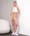 Kuşaklı keten şort bej s255265