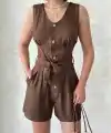 Kuşaklı şortlu tulum
