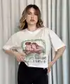 Oversize Beyaz baskılı crop tişört