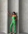 Palazzo pantolonlu alt üst takım yeşil