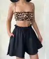 Volanlı keten şort siyah s255058