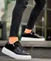 KB-X155 Kuback Siyah Cilt Siyah Süet Detaylı Beyaz Yüksek Taban Günlük Spor Ayakkabı