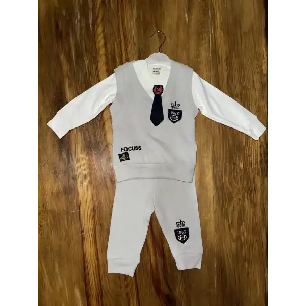 6-24 aylık kravatlı üçlü takım gri