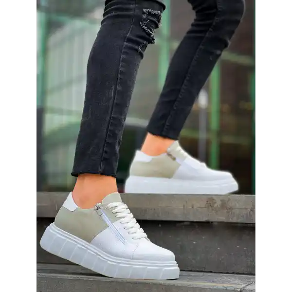 KB-X155 Kuback Beyaz Cilt Gri Süet Detaylı Beyaz Yüksek Taban Günlük Spor Ayakkabı