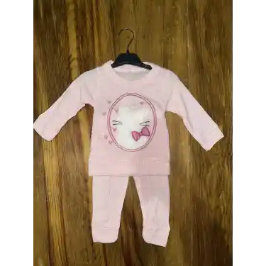 3-12 aylık kedi desen işlemeli takım pembe