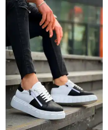 KB-X155 Kuback Siyah Cilt Beyaz Cilt Detaylı Beyaz Yüksek Taban Günlük Spor Ayakkabı