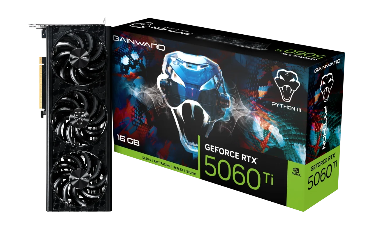 Gainward GeForce RTX 5060 Ti Python III 16GB ekran kartı ve orijinal kutusu