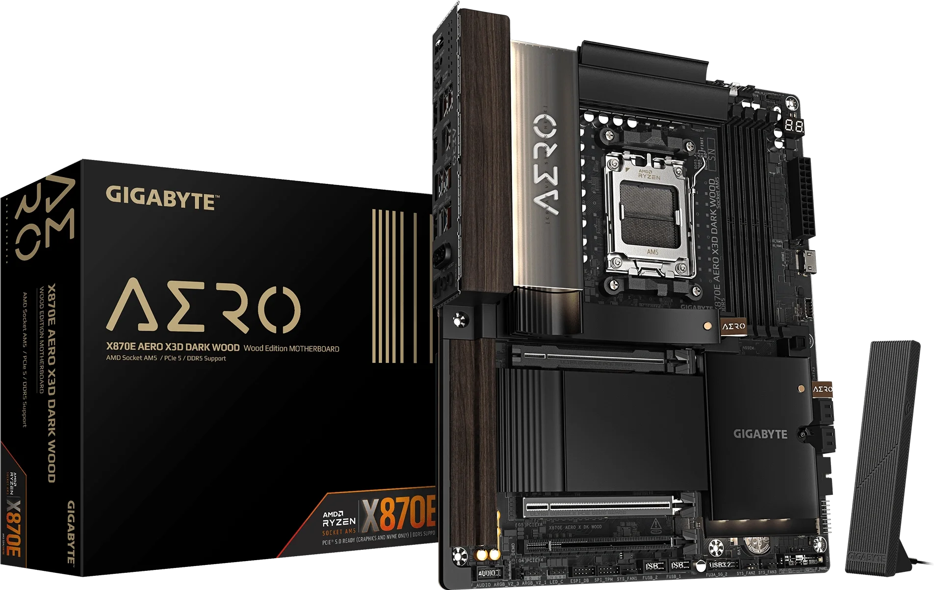 X870E AERO X3D DARK WOOD kutu ve ürün