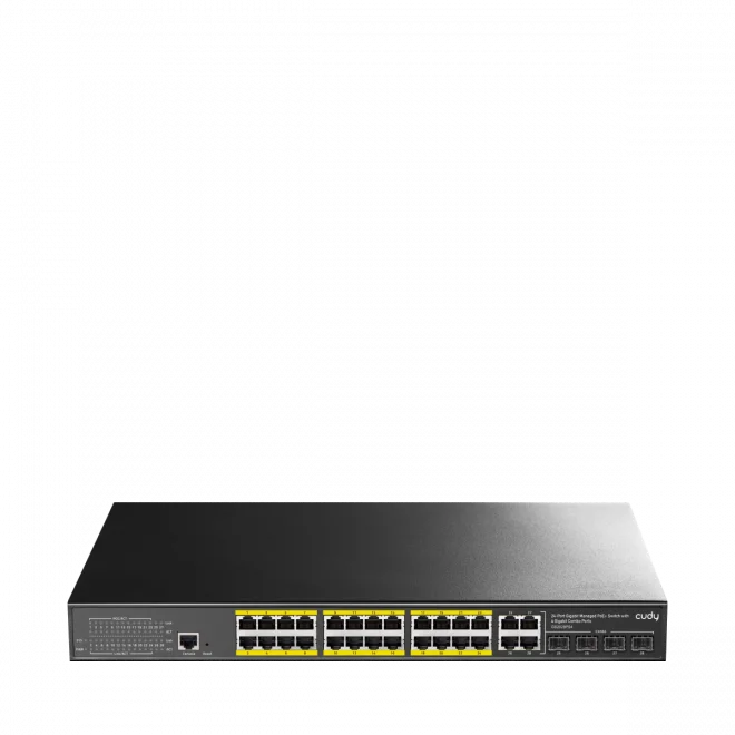 Cudy GS2028PS4-300W 24 Port GE 4*1G SFP&RJ45 Combo 19 1U Çelik Layer2 Yönetilebilir POE+ Switch