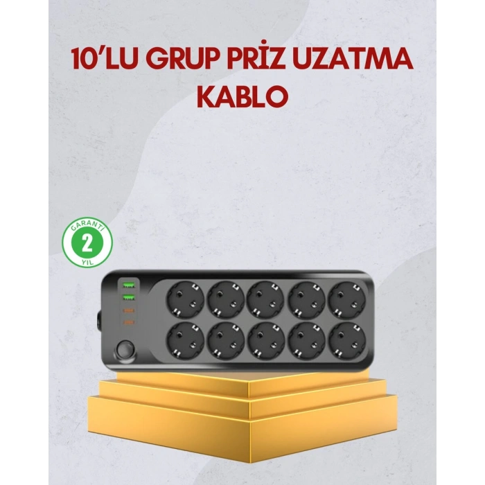 10 Prizli Uzatma Kablosu Termal Koruma USB Type-C Hızlı Şarj 2500W