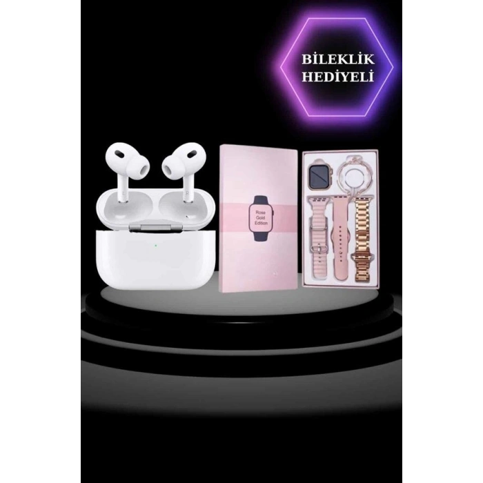 3 Kordonlu Pembe Amoled Ekran Akıllı Saat ve Yeni Nesil Pro Kablosuz Bluetooth Kulaklık ANC/ENC