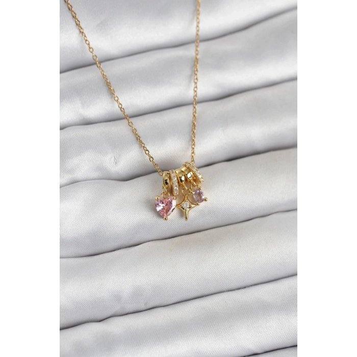 316L Çelik Gold Pembe Zirkon Taşlı Charmlı Kadın Kolye 5886