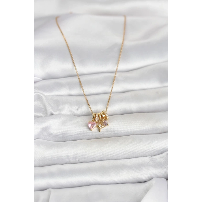 316L Çelik Gold Pembe Zirkon Taşlı Charmlı Kadın Kolye 5886
