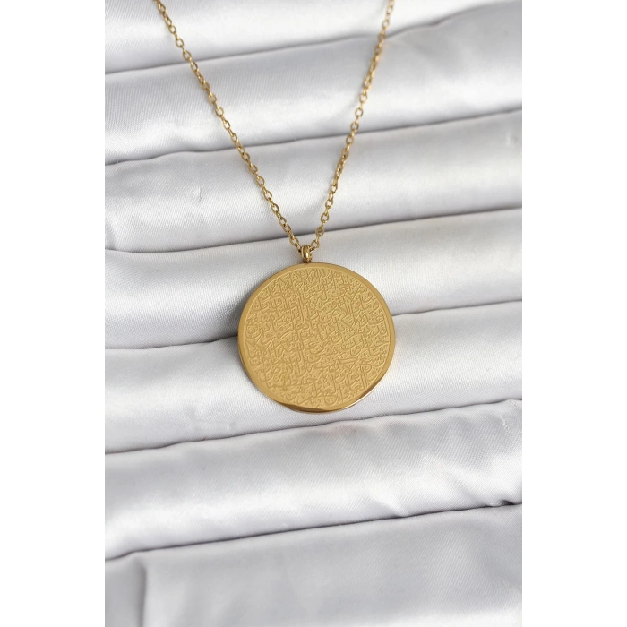 316L Çelik Gold Renk Ayetel Kürsi ve Allah Yazılı Kolye 5886