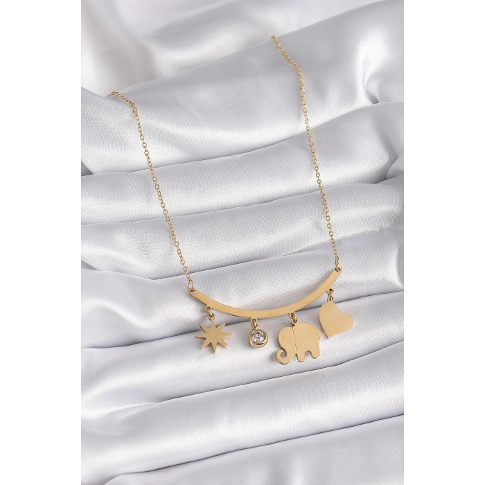316L Çelik Gold Renk Fil Figür Zirkon Taş Detay Kadın Kolye 5886