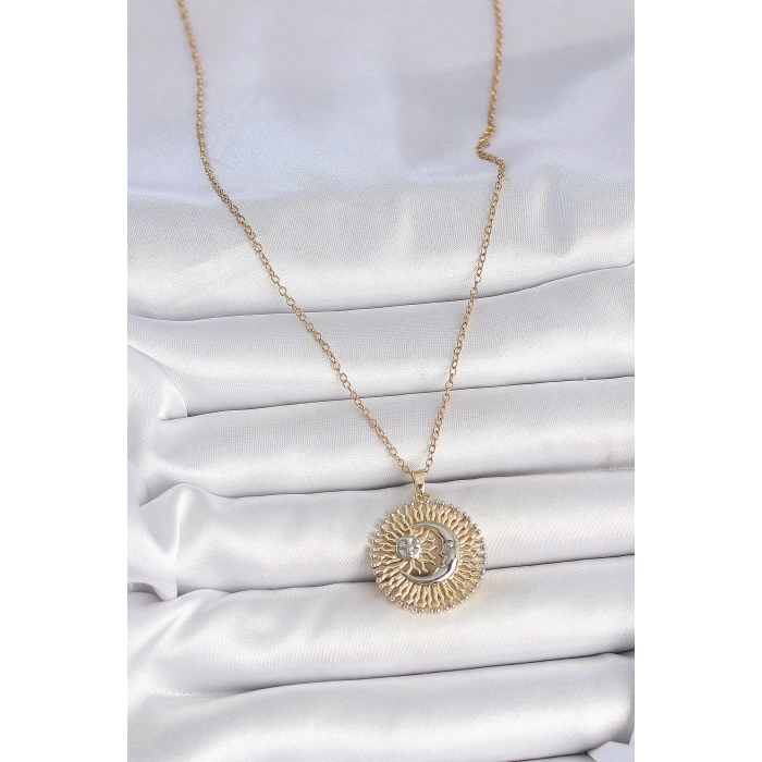 316L Çelik Gold Renk Mix Renk Ay Güneş Model Kadın Kolye 5886