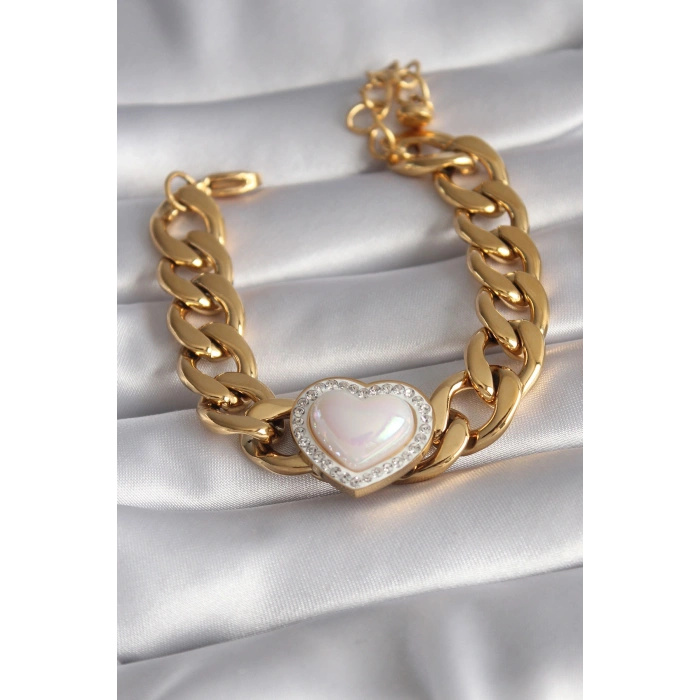 316L Çelik Gold Renk Pembe 3D Kalp Model Zirkon Taşlı Kadın Bileklik 5886
