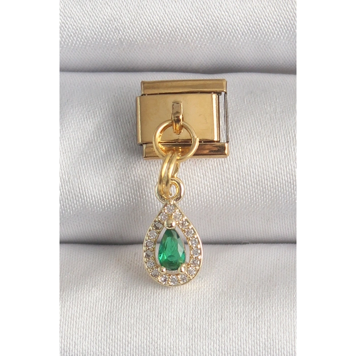 316L Çelik Gold Renk Sallantı Damla Yeşil Zirkon Taşlı Nomination Charm 5886