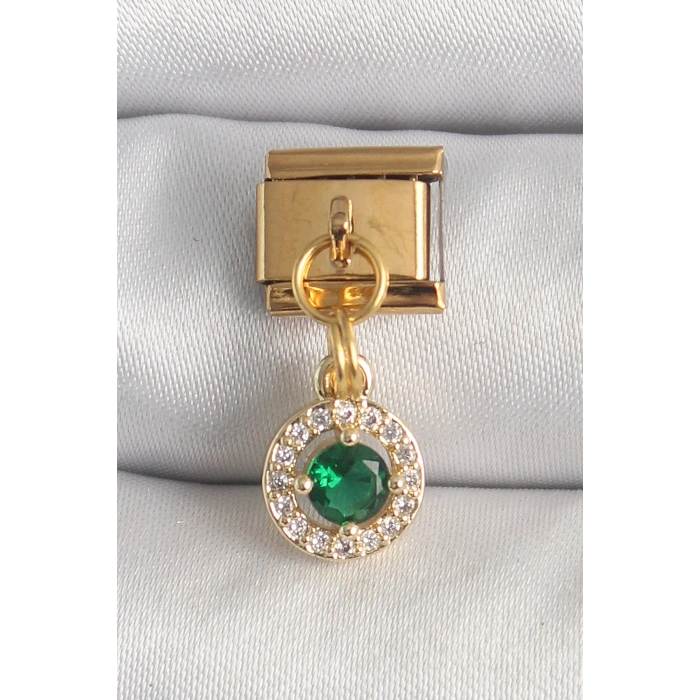 316L Çelik Gold Renk Sallantı Yeşil Zirkon Taşlı Nomination Charm 5886