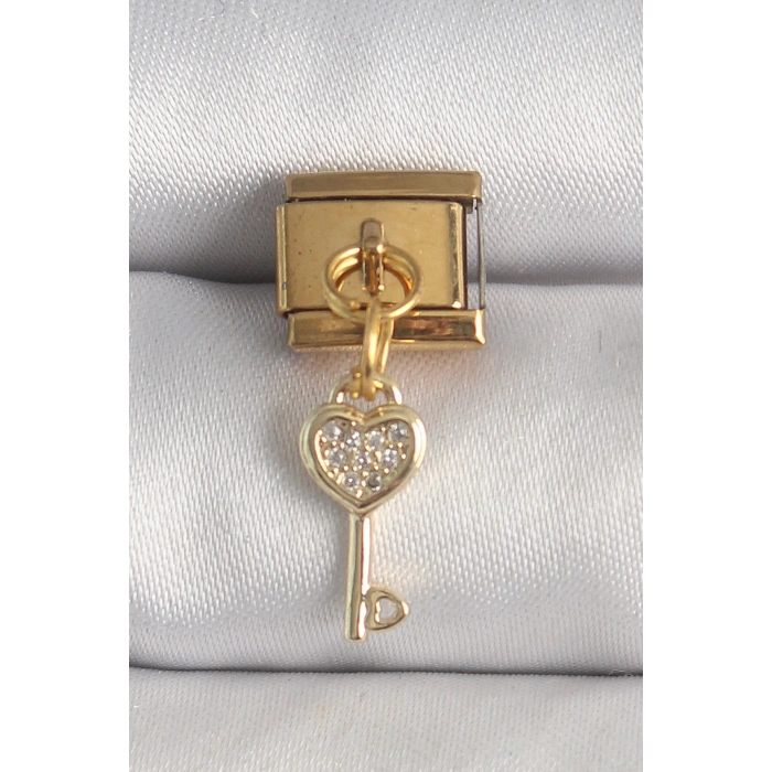 316L Çelik Gold Renk Sallantı Zirkon Taşlı Kalpli Anahtar Model Nomination Charm 5886