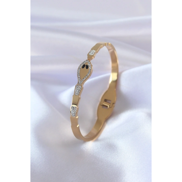 316L Çelik Gold Renk Yılan Model Zirkon Taş Detay Kadın Kelepçe 5886