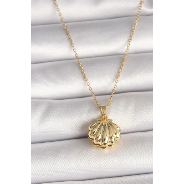 316L Çelik Gold Renk Zincir Açılır İncili Midye Model Kadın Kolye 5886