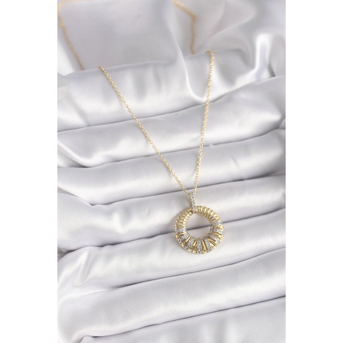316L Çelik Gold Renk Zincir Gümüş Zirkon Taşlı Daire Model Kadın Kolye 5886