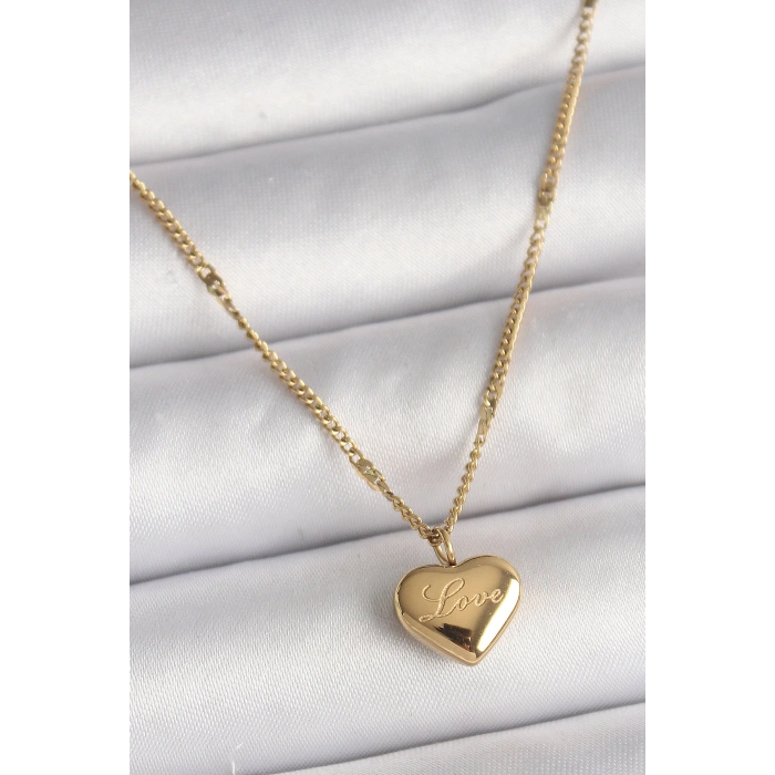 316L Çelik Gold Renk Zincir Love İşlemeli Kalp Figür Kadın Kolye 5886