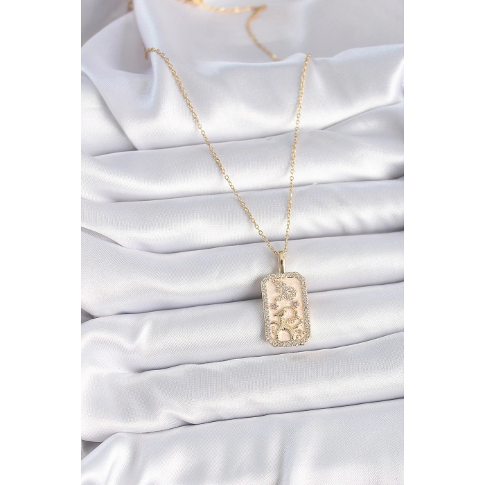 316L Çelik Gold Renk Zincir Oğlak Burcu Zirkon Taşlı Kadın Kolye 5886