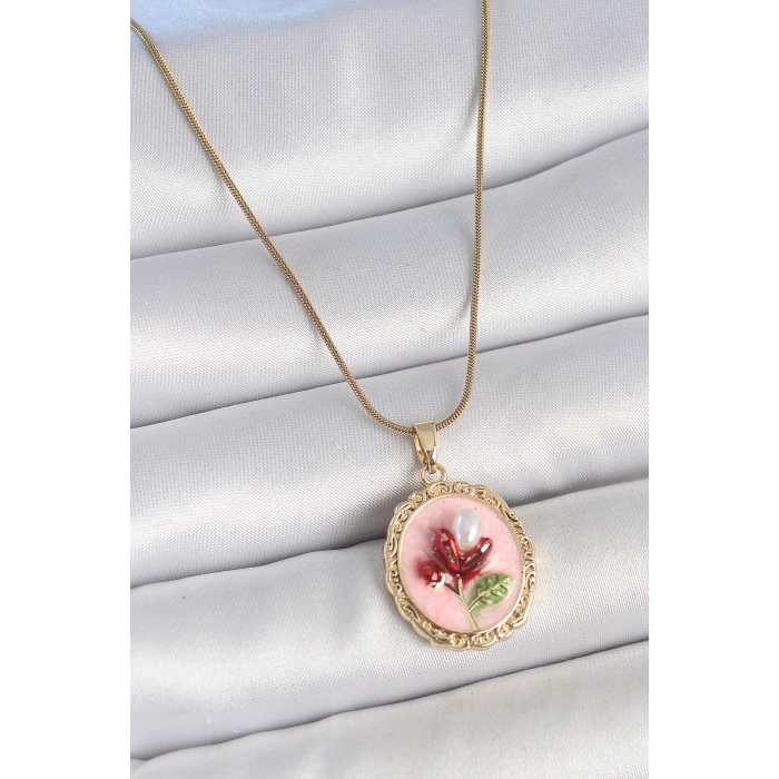 316L Çelik Gold Renk Zincir Pembe Mineli İncili Çiçek İşlemeli Portre Model Kadın Kolye 5886