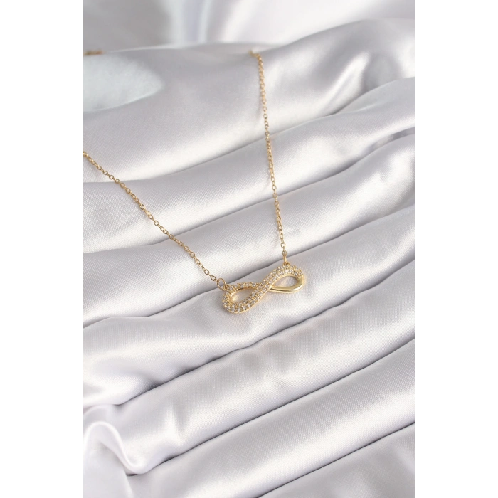 316L Çelik Gold Renk Zincir Zirkon Taşlı Sonsuzluk Model Kadın Kolye 5886