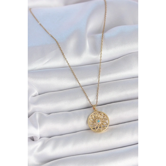 316L Çelik Gold Renk Zincr Mavi Taşlı Lotus Model Kadın Kolye 5886
