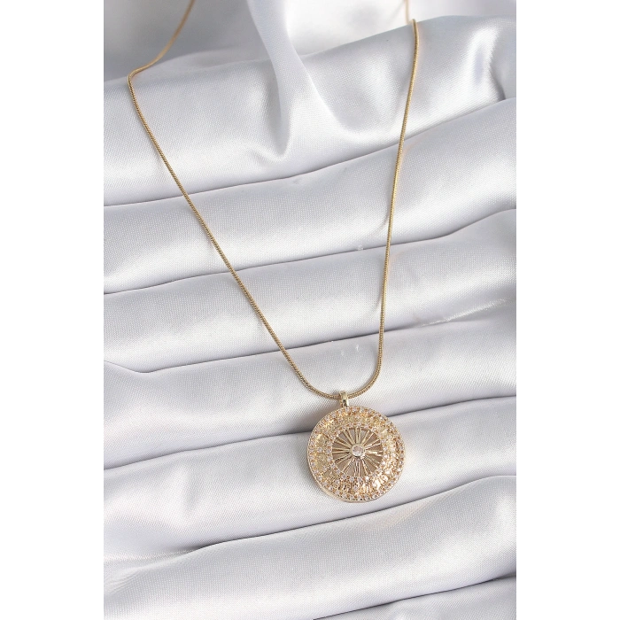 316L Çelik Gold Renk Zirkon Taşlı 12 Burç Madalyon Model Kadın Kolye 5886