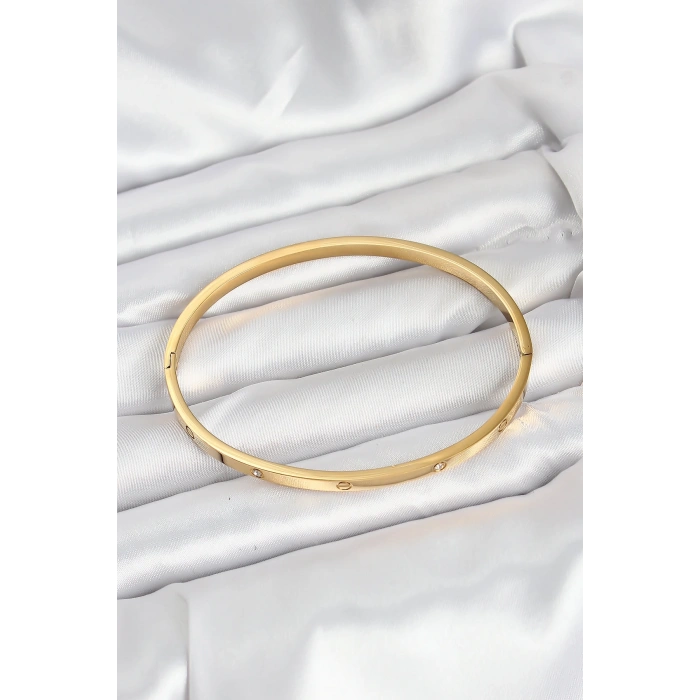 316L Çelik Gold Renk Zirkon Taşlı 65 mm İnce Kadın Kelepçe Bileklik 5886