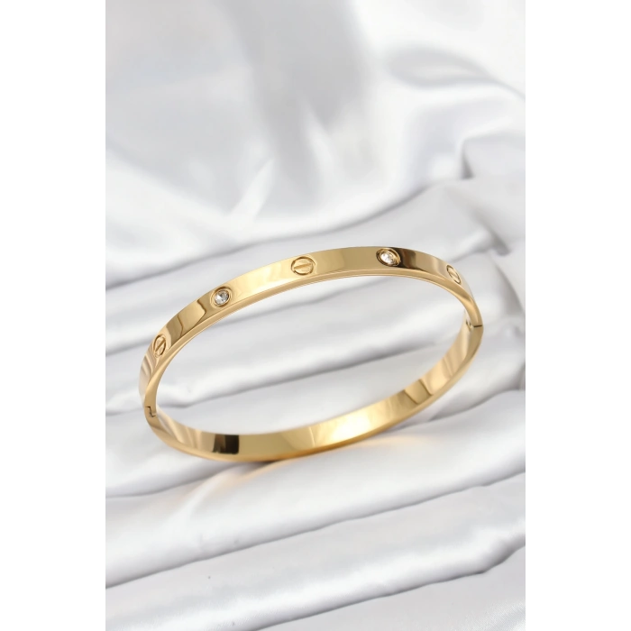 316L Çelik Gold Renk Zirkon Taşlı 65 mm Kadın Kelepçe Bileklik 5886