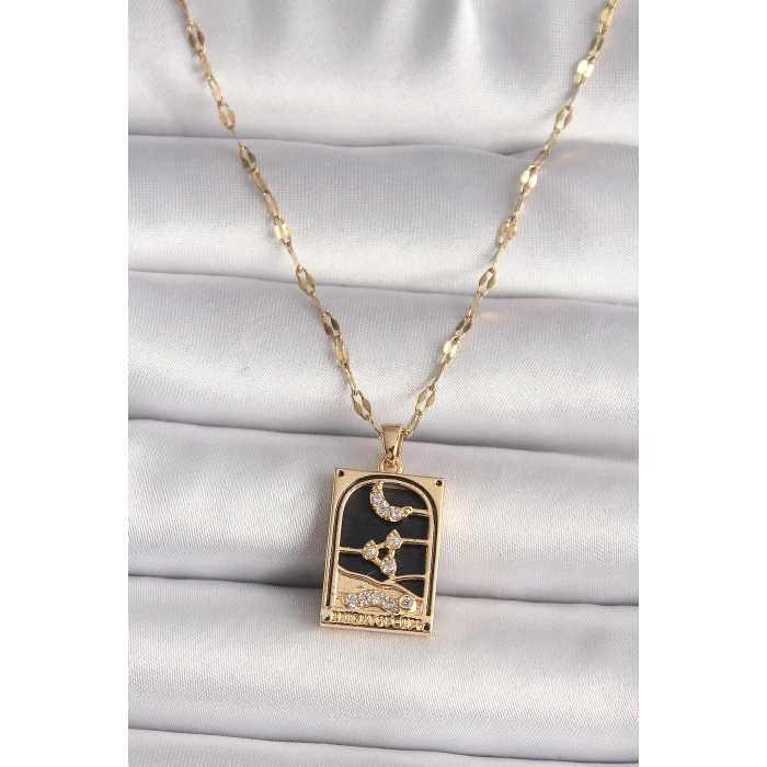 316L Çelik Gold Renk Zirkon Taşlı Ay Figürlü Tarot Model Kadın Kolye 5886