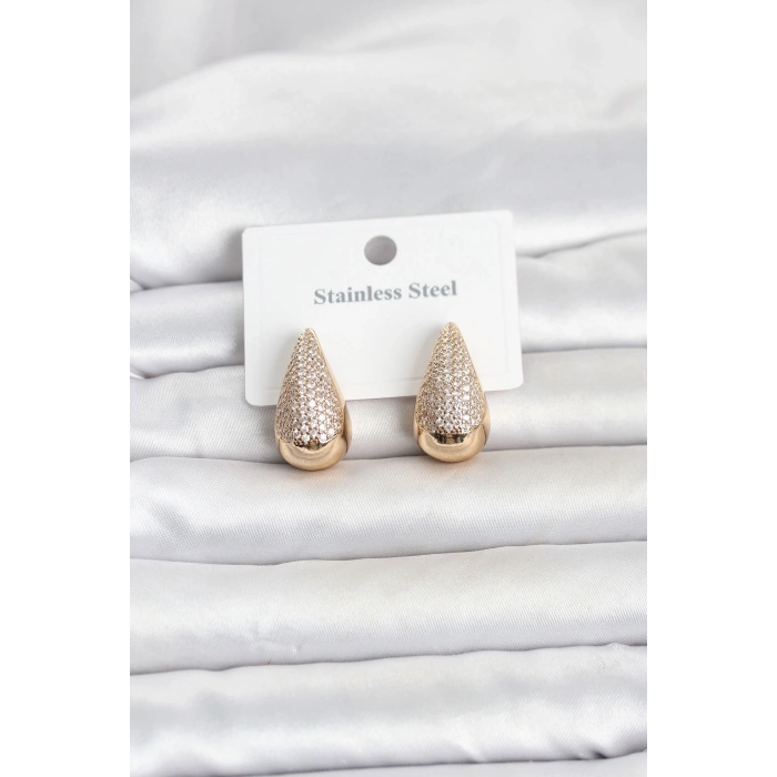 316L Çelik Gold Renk Zirkon Taşlı Damla Model Kadın Küpe 5886