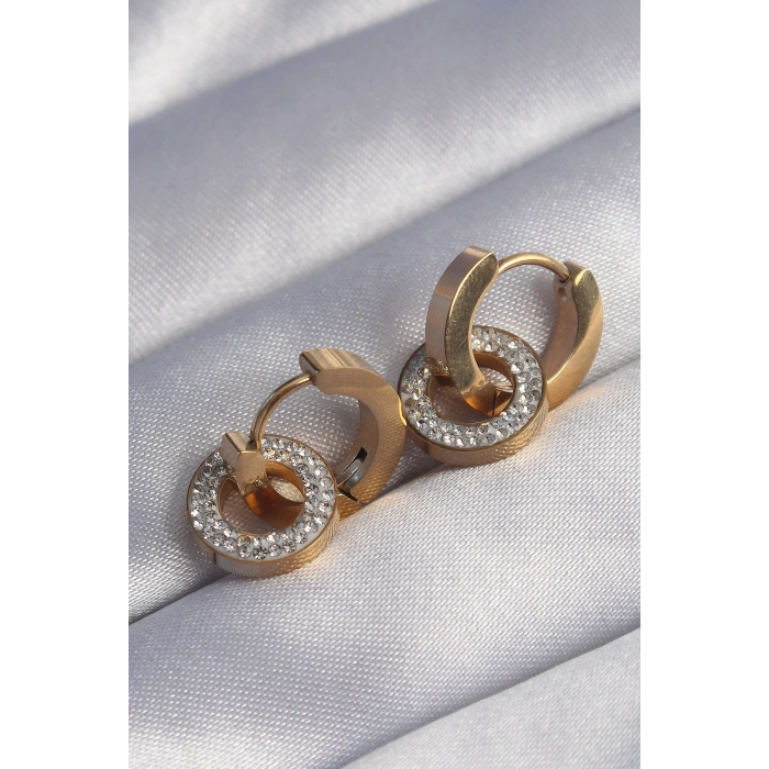 316L Çelik Gold Renk Zirkon Taşlı İç İçe Geçmeli Oval Küpe 5886