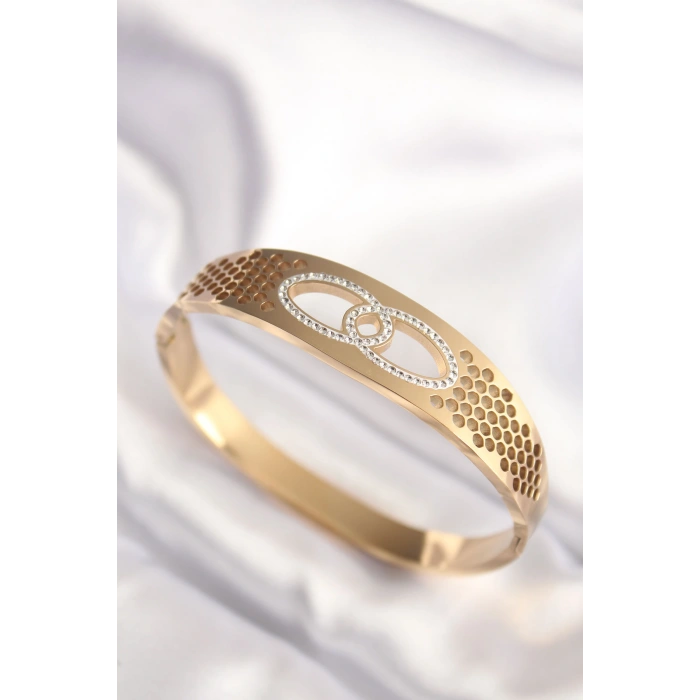 316L Çelik Gold Renk Zirkon Taşlı Kadın Kelepçe Bilezik 5886