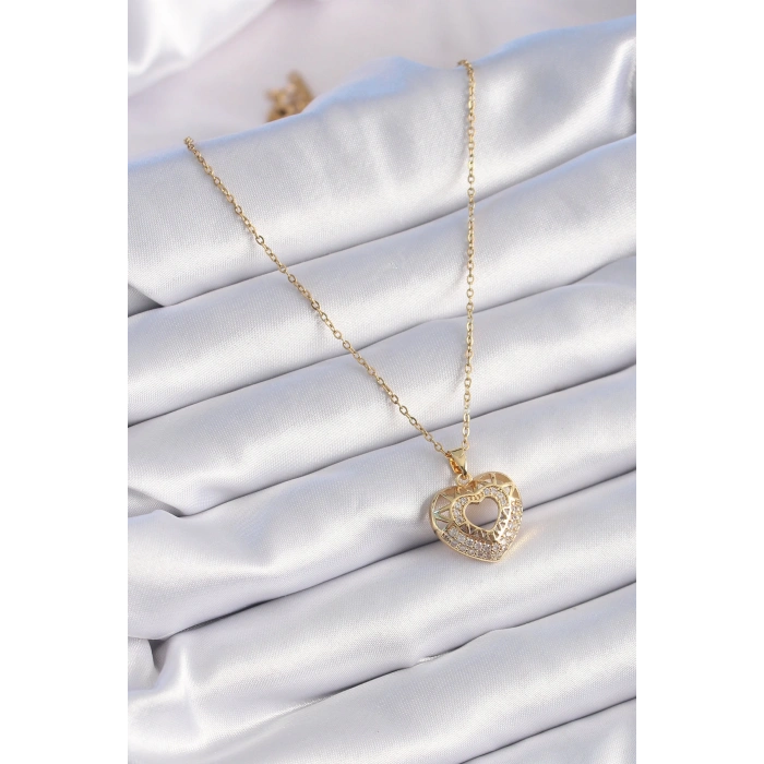 316L Çelik Gold Renk Zirkon Taşlı Kalp Model Vintage Kadın Kolye 5886