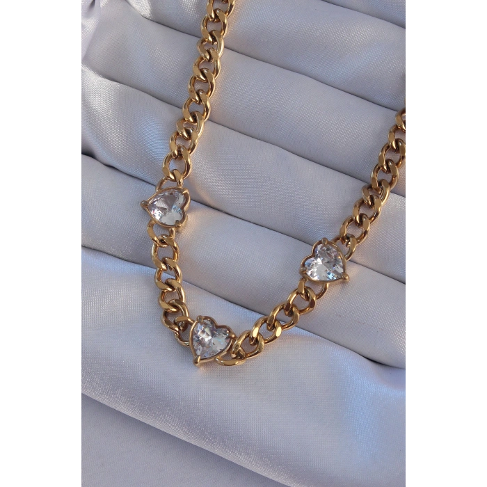 316L Çelik Gold Renk Zirkon Taşlı Kalp Model Zincir Kolye 5886