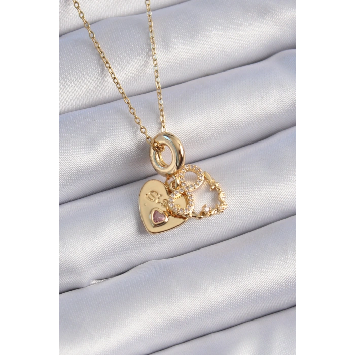 316L Çelik Gold Renk Zirkon Taşlı Sonsuzluk Kalp Figür Charm Model Kadın Kolye 5886