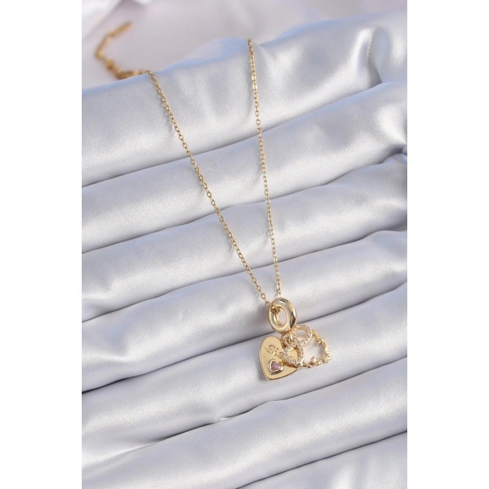 316L Çelik Gold Renk Zirkon Taşlı Sonsuzluk Kalp Figür Charm Model Kadın Kolye 5886