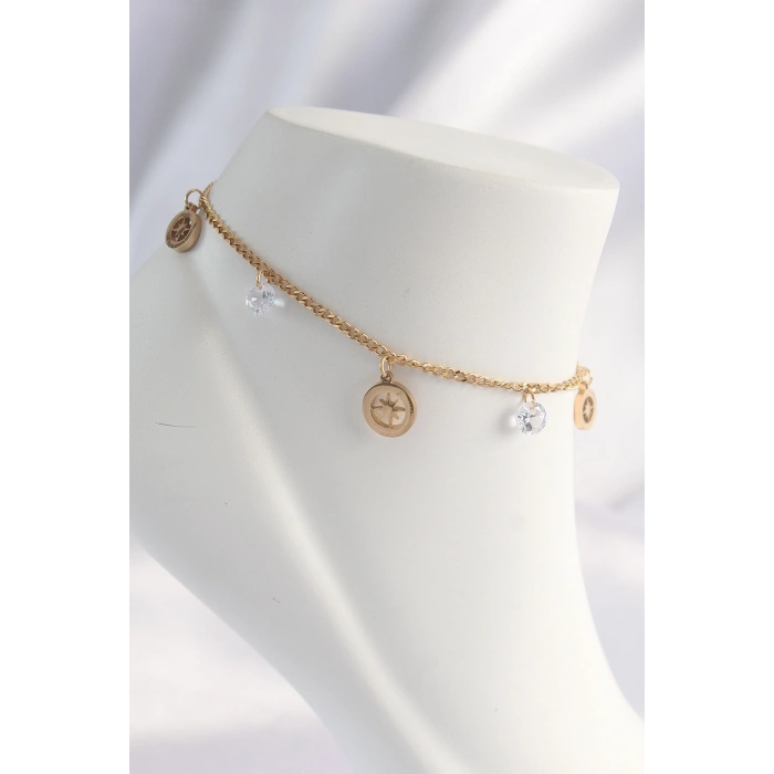 316L Çelik Gold Renk Zirkon Taşlı Yıldızlı Halhal 5886