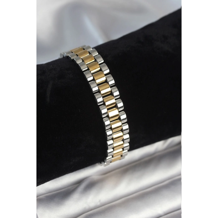 316L Çelik Gold ve Gümüş Renk 12 mm Kalınlık Erkek Bileklik 5886