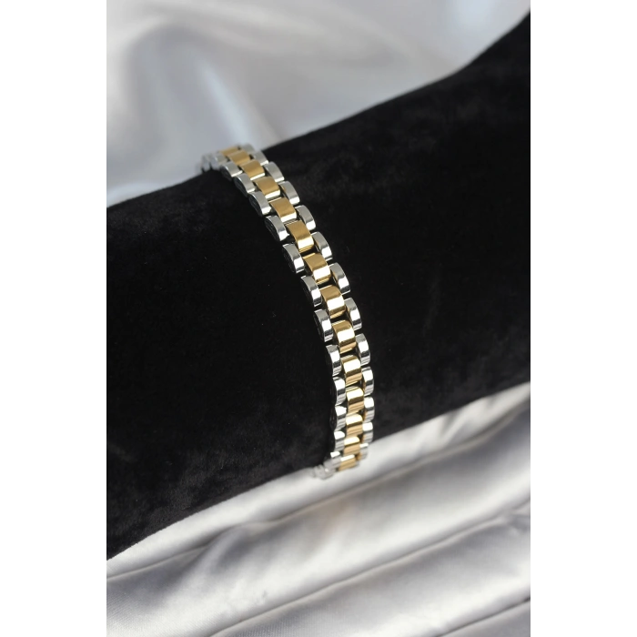 316L Çelik Gold ve Gümüş Renk 7 mm Kalınlık Erkek Bileklik 5886