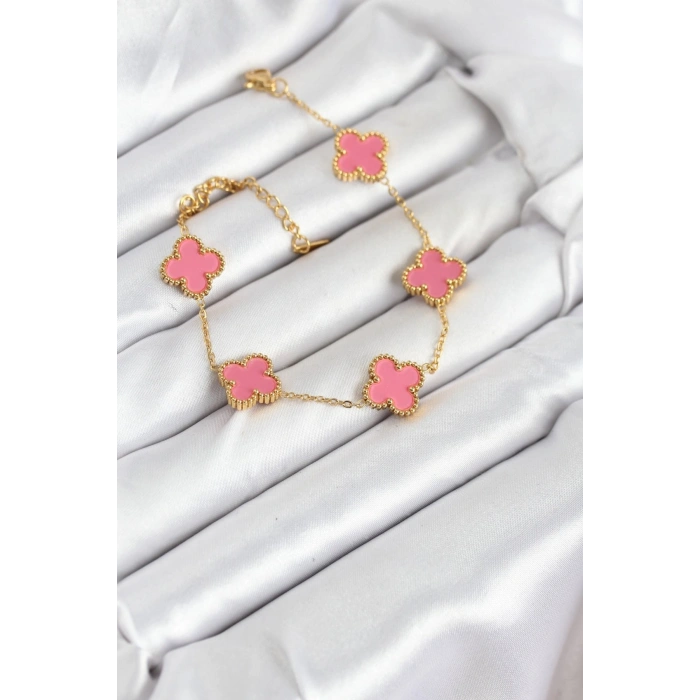 316L Çelik Gold Zincir Pembe Yonca Renk Bileklik 5886