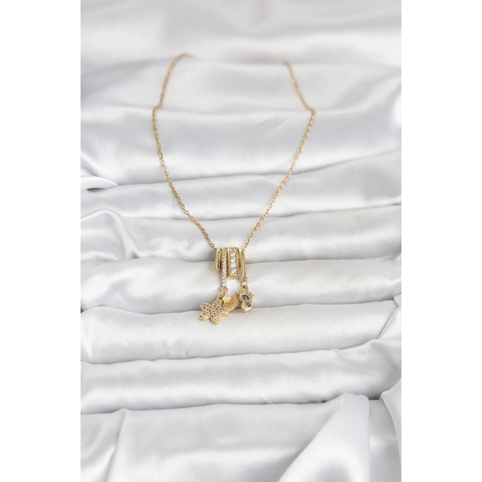 316L Çelik Gold Zirkon Taşlı Deniz Tema Charmlı Kadın Kolye 5886