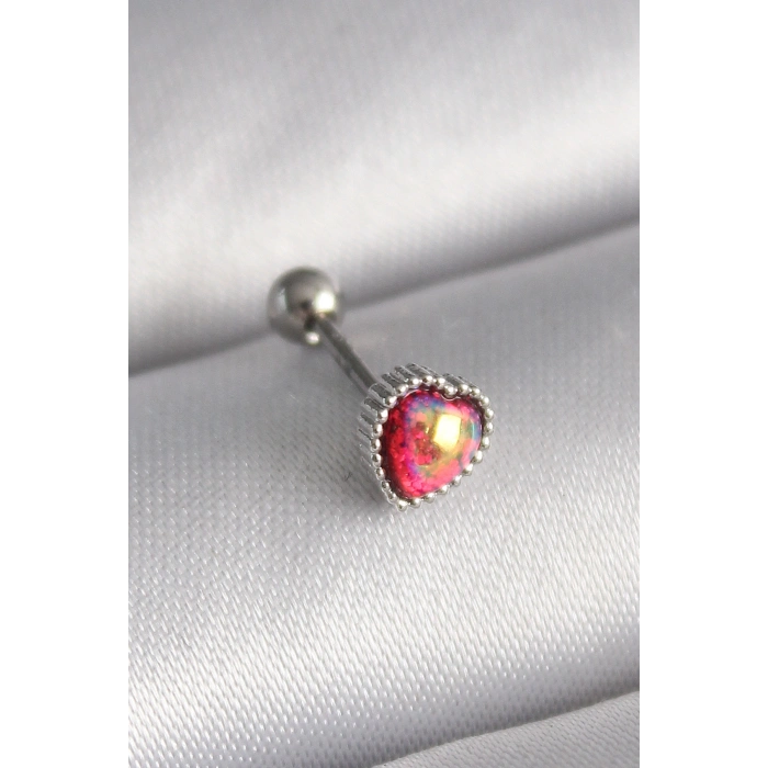 316L Çelik Gümüş Renk Kırmızı Mineli Kalp Tragus Piercing 5886
